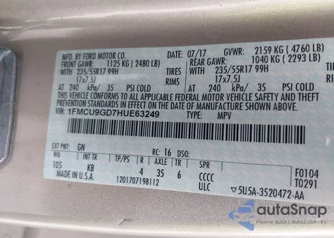 2017 Ford Escape Se z USA, uszkodzony, nr VIN 1FMCU9GD7HUE63249